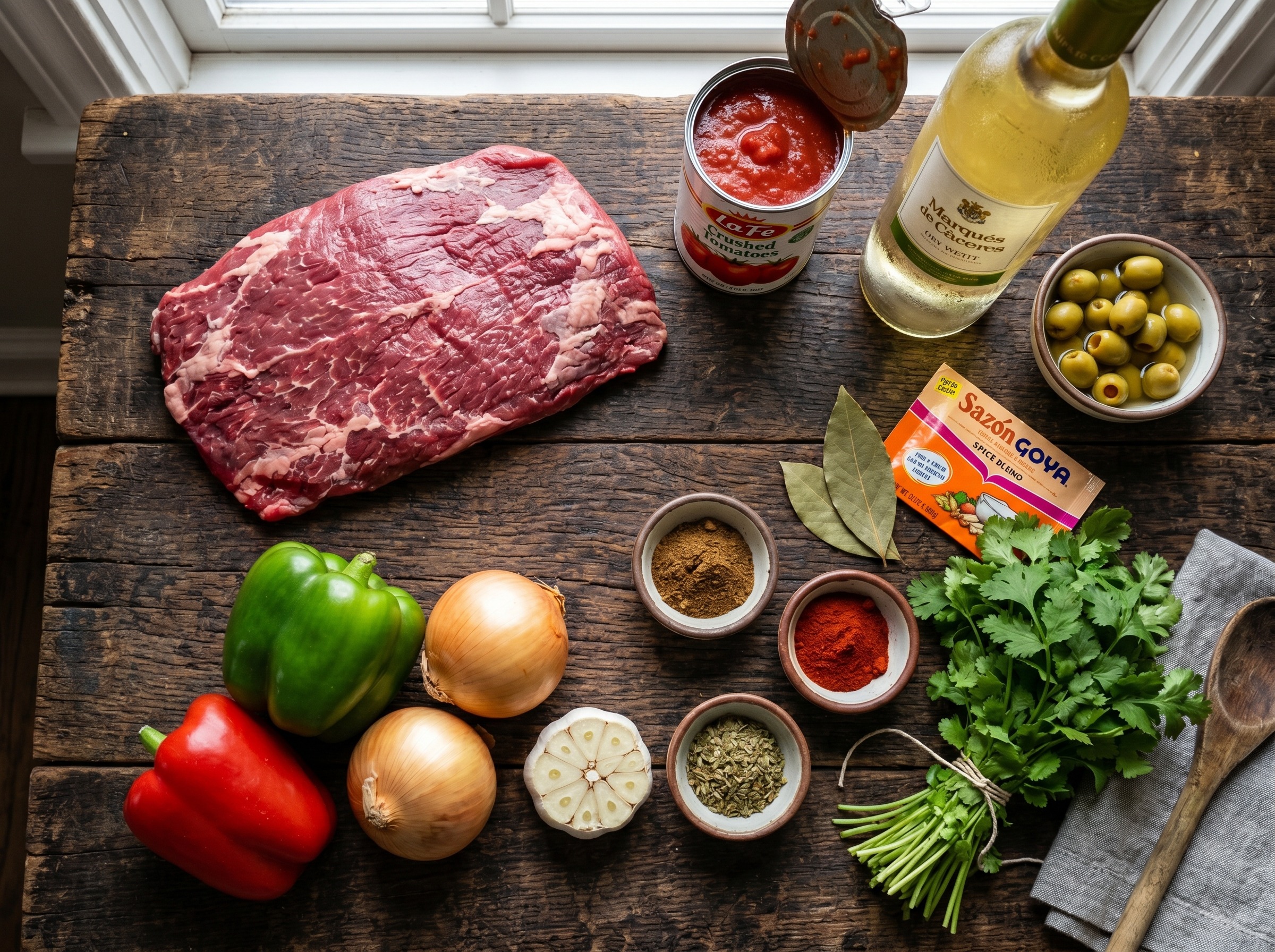 Ingredients for ropa vieja — flank steak, tomatoes, bell peppers, onions, garlic, olives, white wine