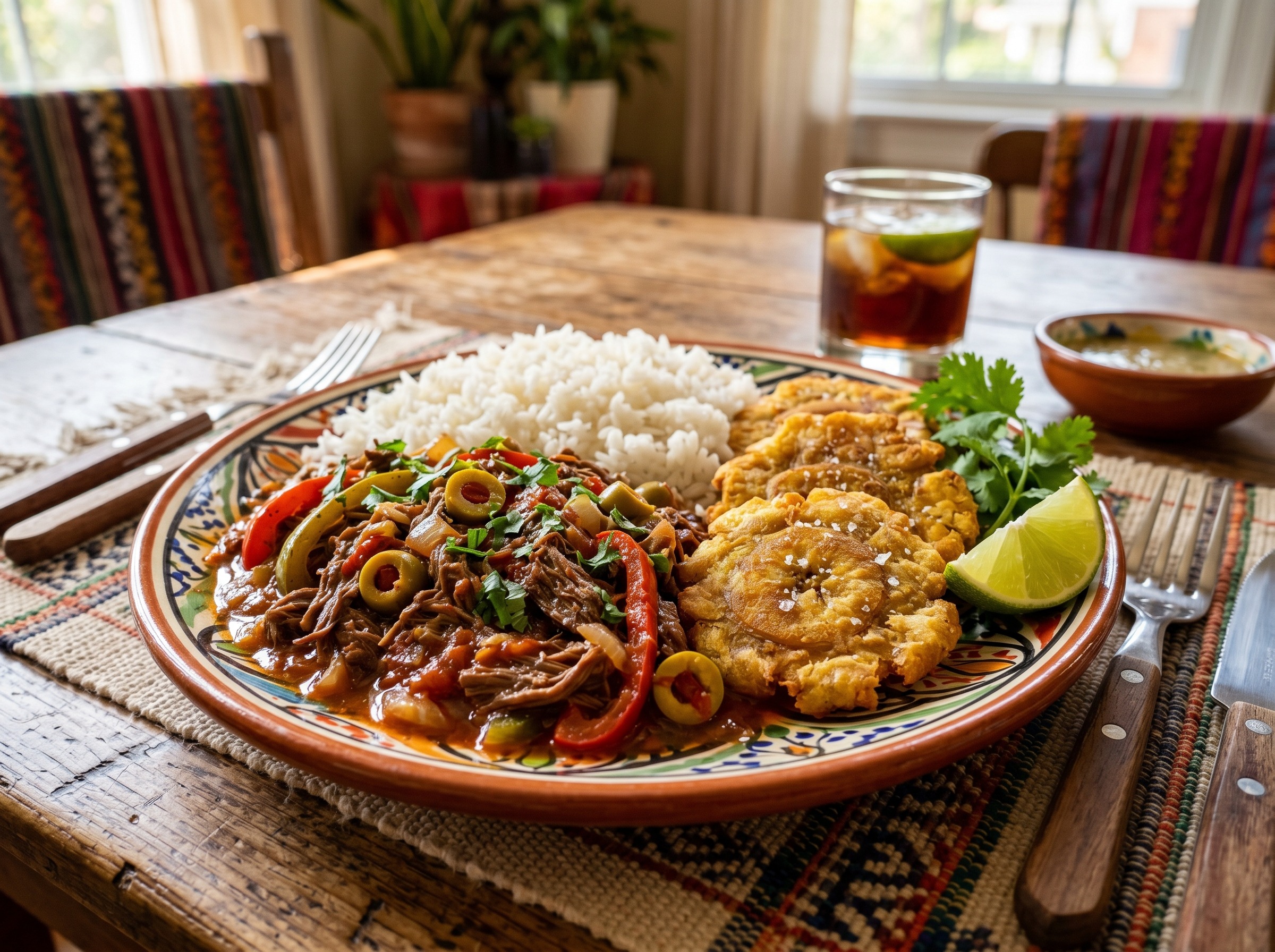 Ropa vieja over white rice with tostones on a full Caribbean dinner plate