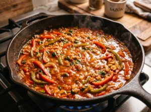 Colorful sofrito sauce simmering with red and green peppers, onions, and tomato