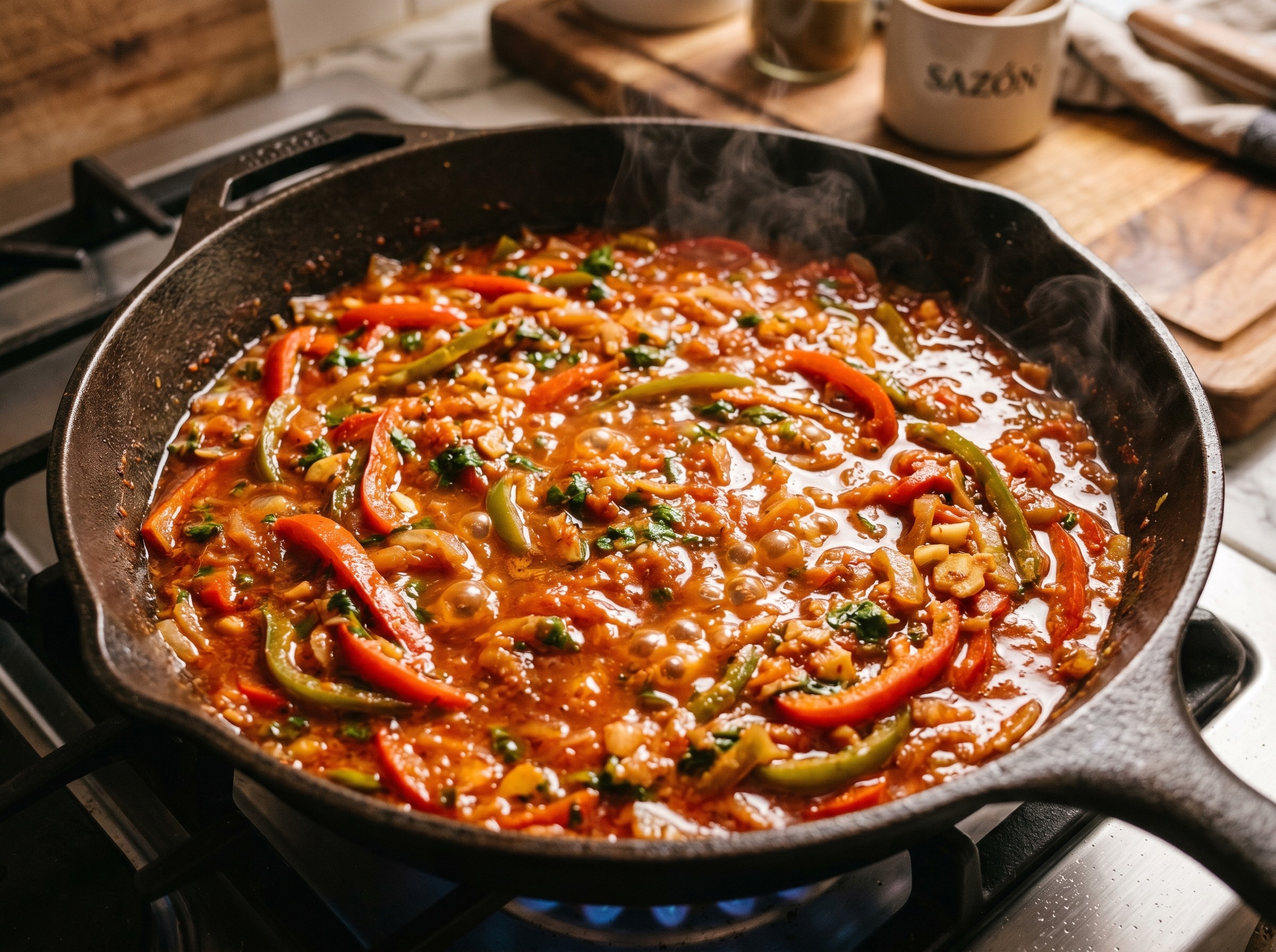 Colorful sofrito sauce simmering in a skillet — red and green peppers, onions, tomato sauce