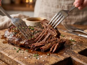 Two forks shredding tender braised flank steak into long strands on a wooden cutting board