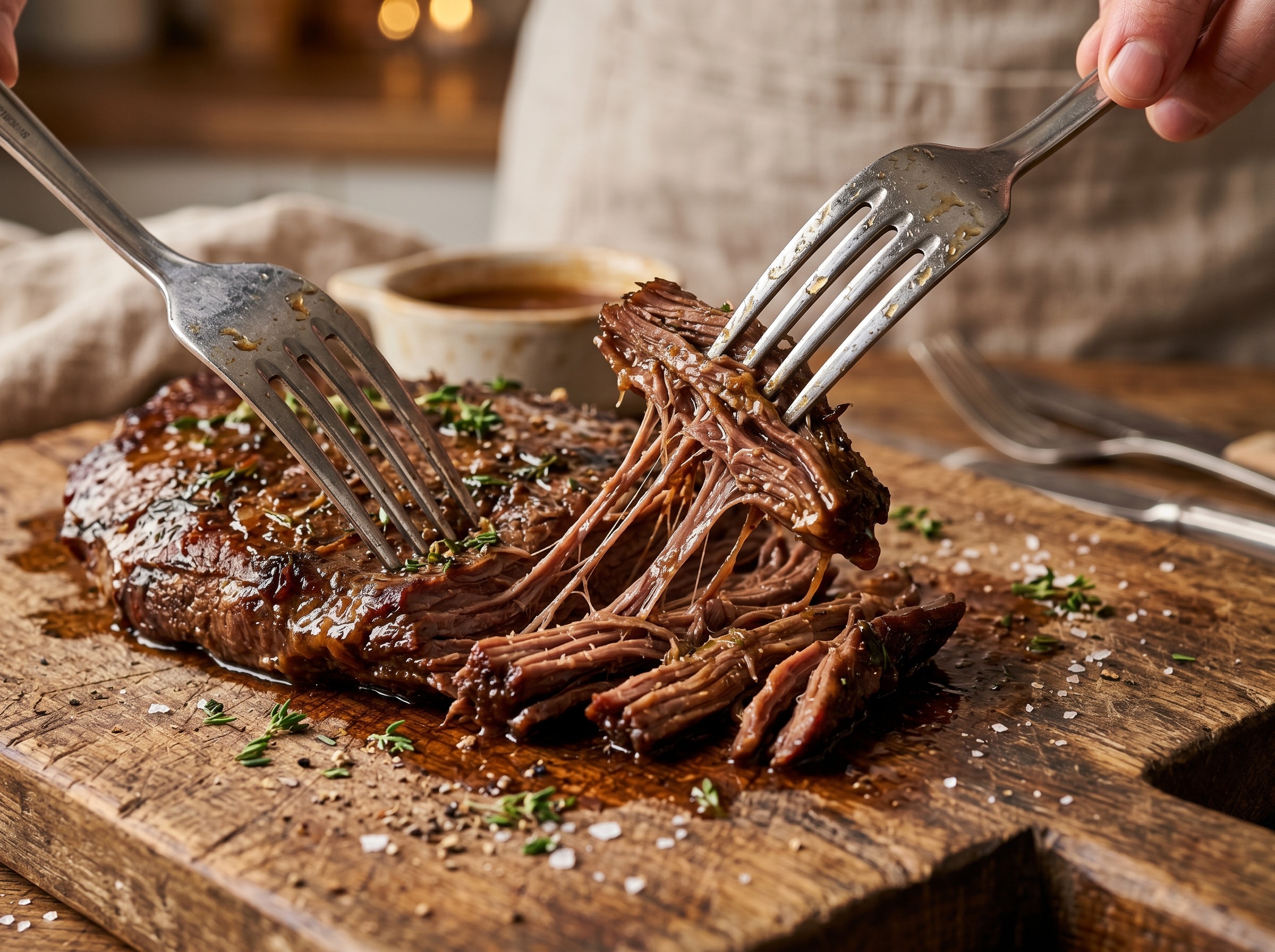 Two forks shredding tender braised flank steak into long strands on a wooden cutting board
