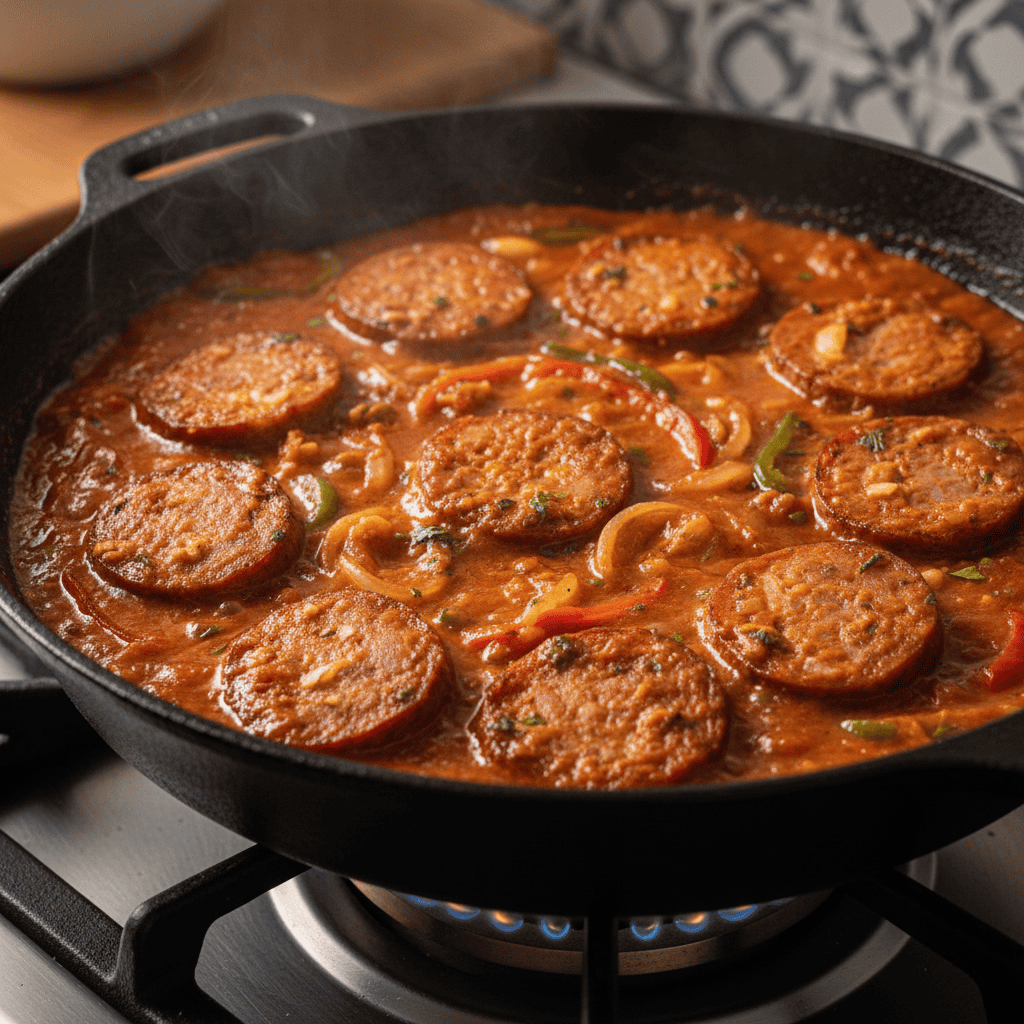 Dominican salami slices braising in rich red tomato-sofrito sauce, bubbling gently