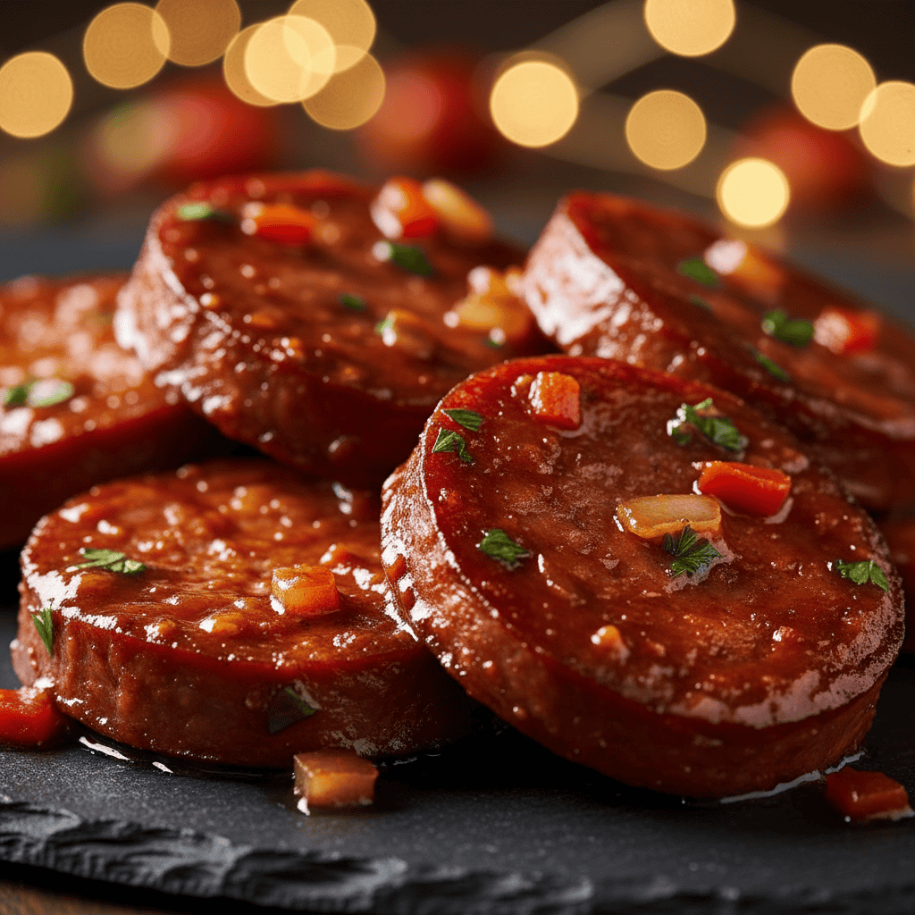 Close-up of Dominican salami guisado showing glossy red sauce coating salami slices with herbs