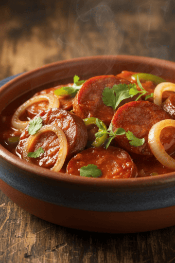 Dominican salami guisado in red-orange sofrito tomato sauce with onions and peppers