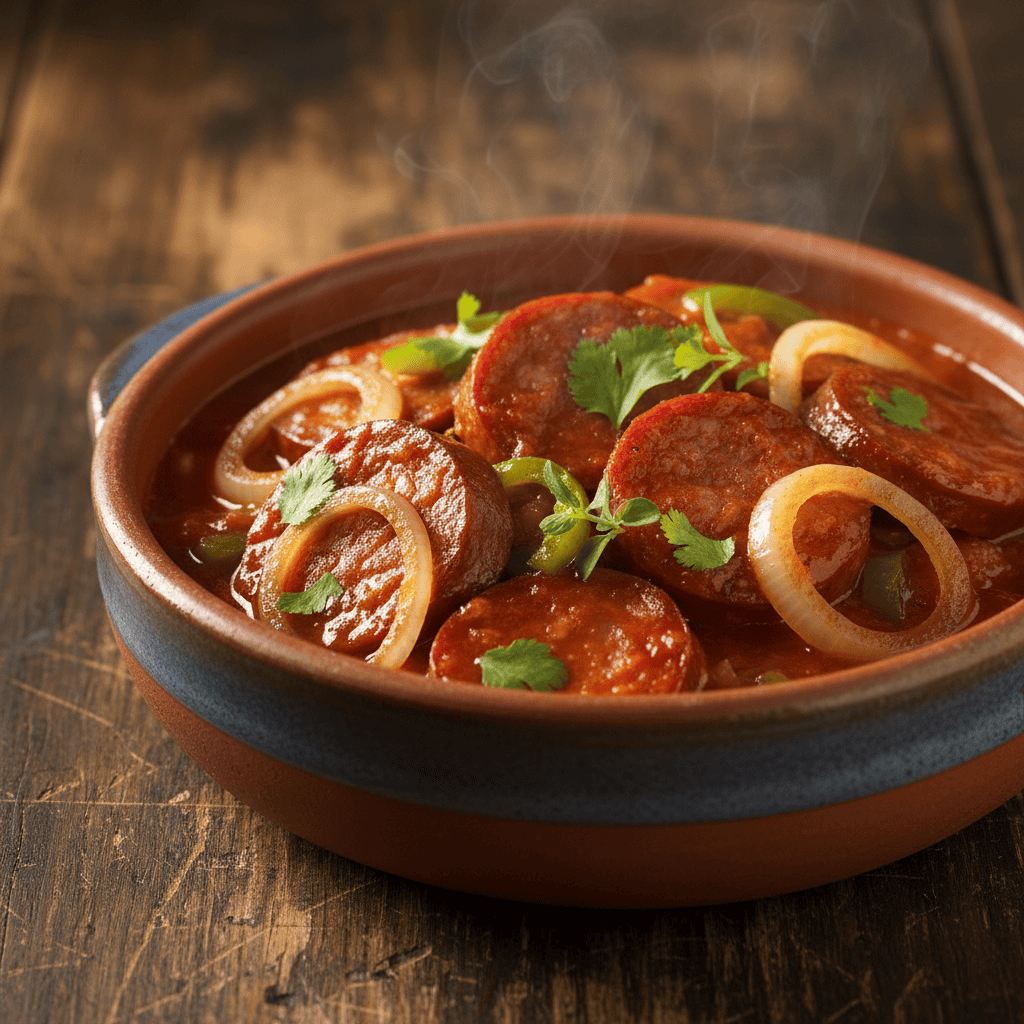 Dominican salami guisado in red-orange sofrito tomato sauce with onions and peppers