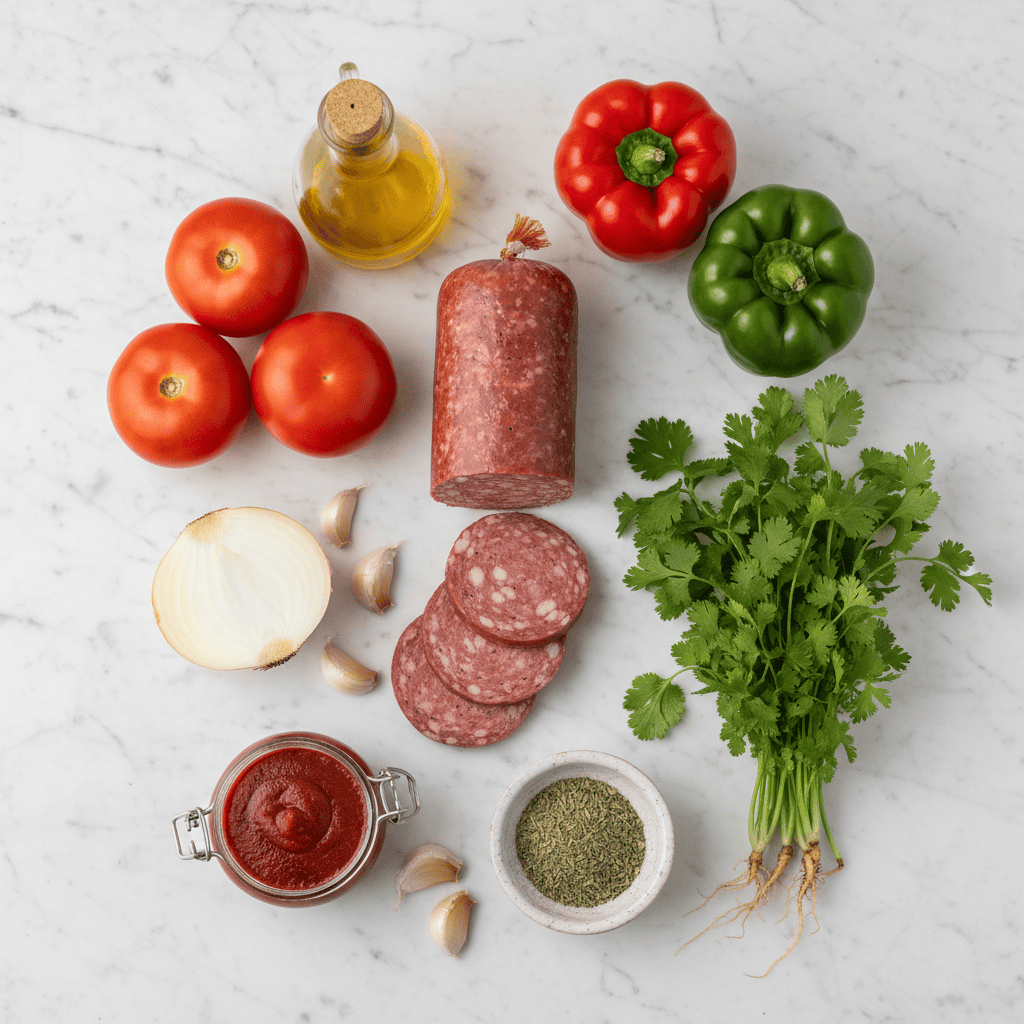 Salami guisado dominicano ingredients — Dominican salami, tomatoes, peppers, onion, garlic, herbs