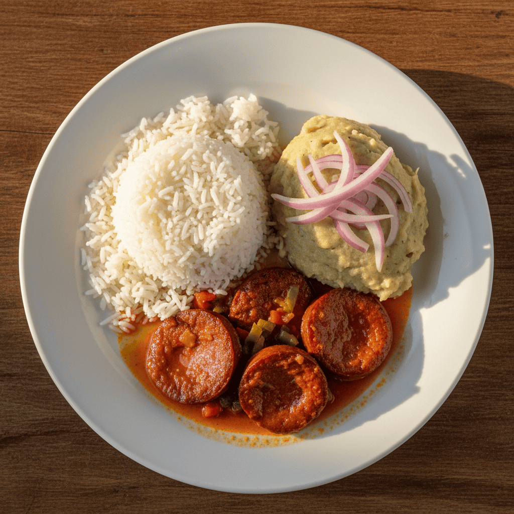 Salami guisado served alongside white rice and mangu — complete Dominican breakfast or lunch plate