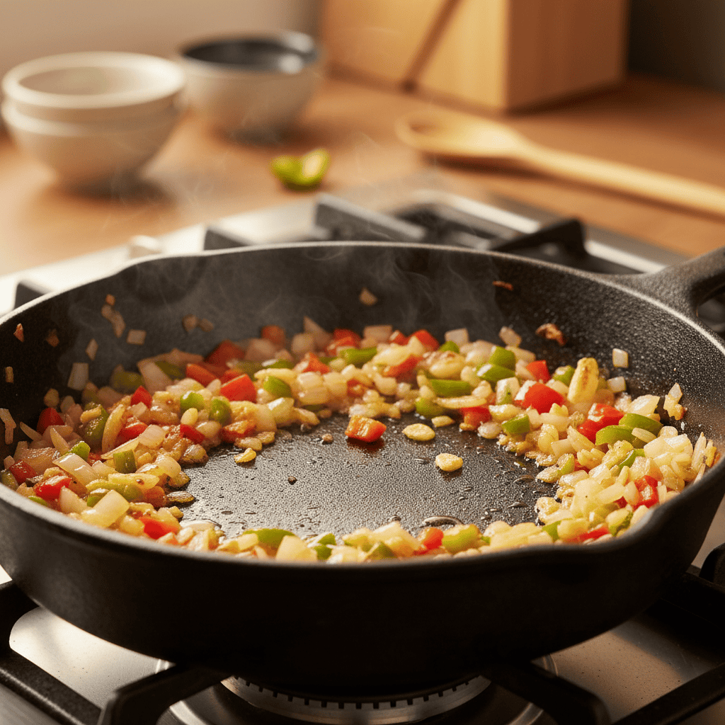 Dominican sofrito base sauteing — onions, peppers, garlic in golden olive oil