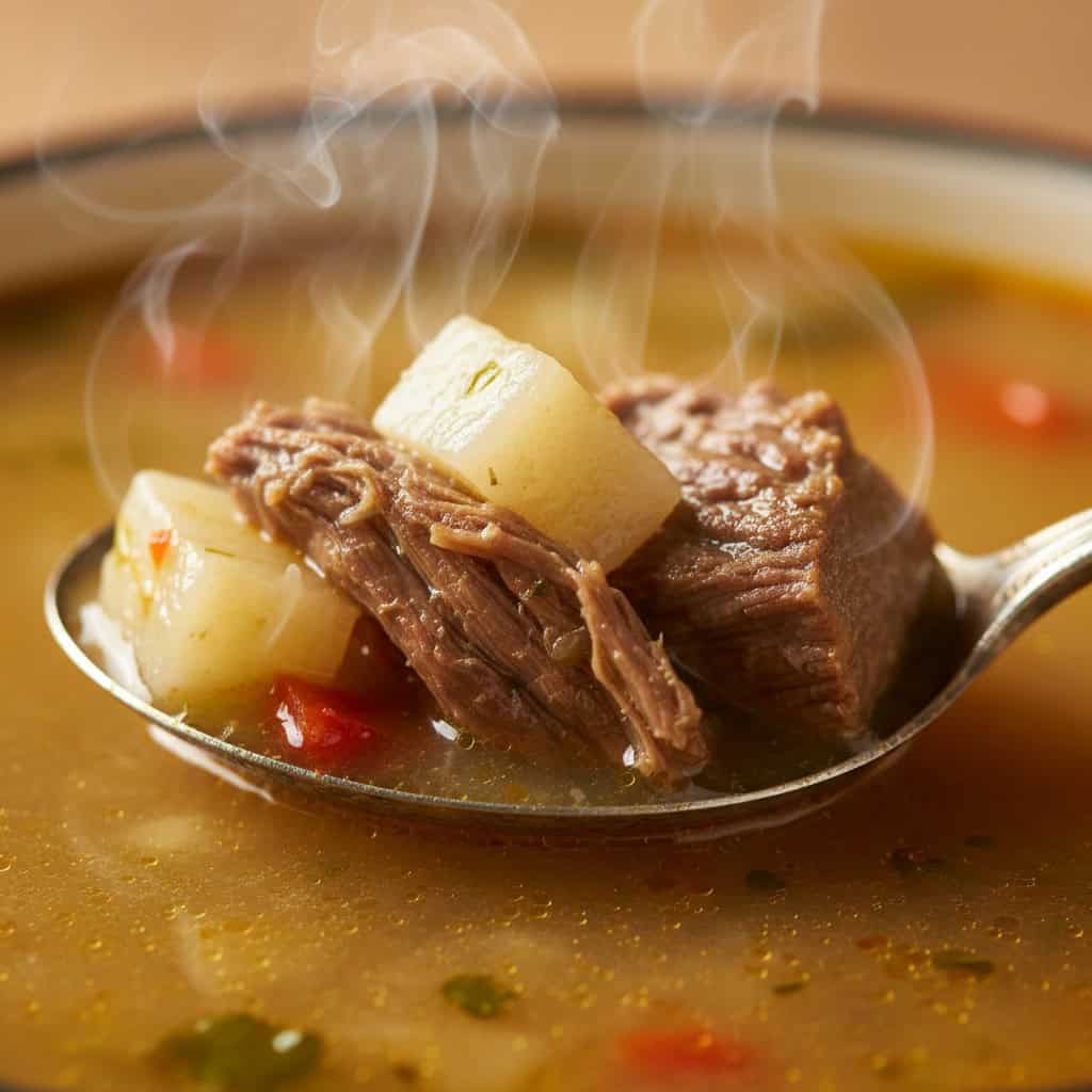 Close-up of sancocho broth showing tender meat and root vegetables