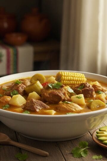 Dominican sancocho seven-meat stew with yuca, plantain, and corn in a large bowl with avocado and lime
