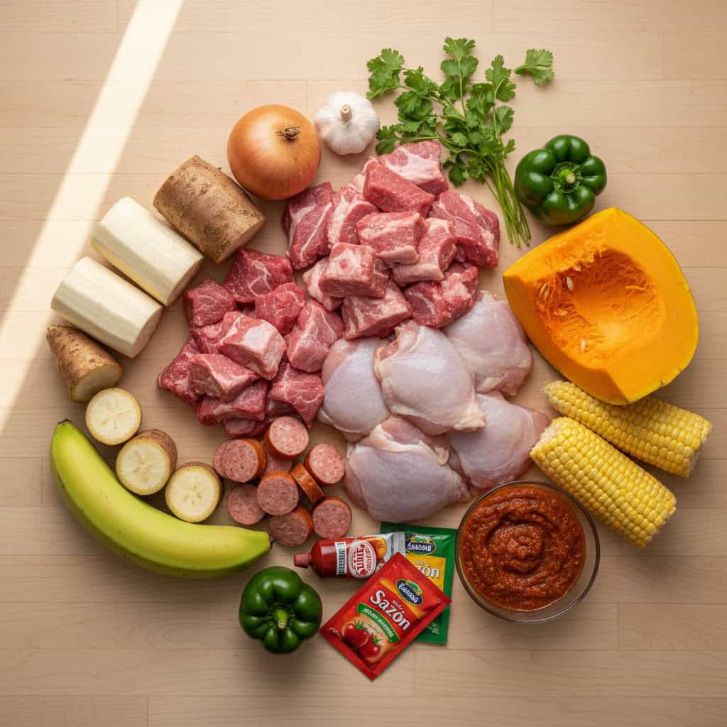 All ingredients for Dominican sancocho including multiple meats and viandas laid out