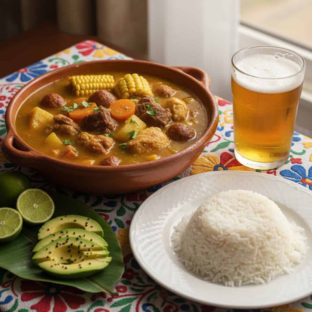 Sancocho served with white rice, avocado, and lime in traditional Dominican style