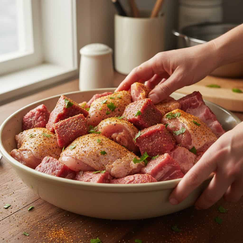 Multiple meats for Dominican sancocho being seasoned with sazón and adobo
