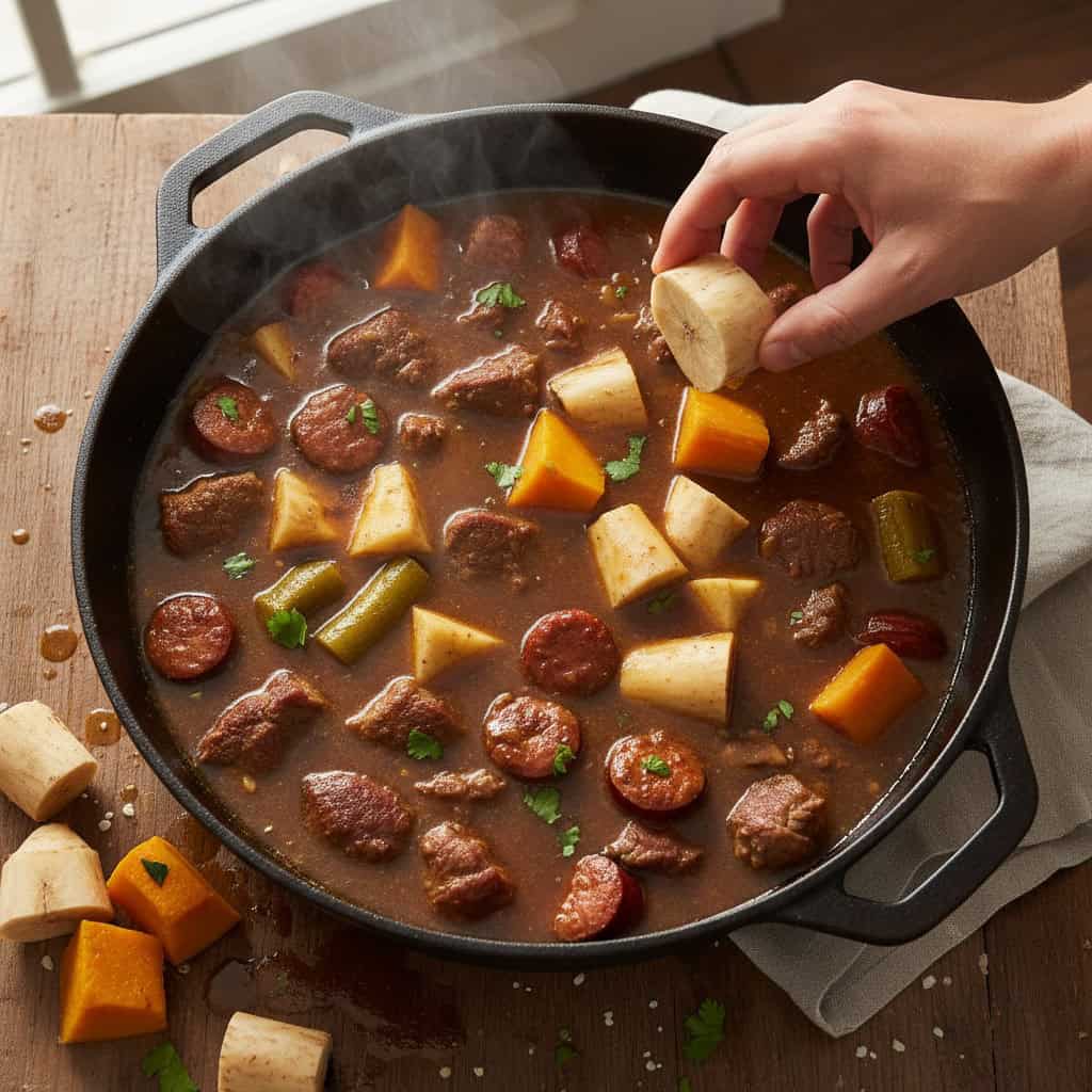 Sancocho viandas including yuca, yautía, plantain being added to the pot