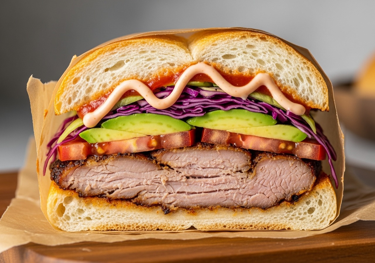 Cross-section of sandwich de pierna on pan de agua showing all the layers