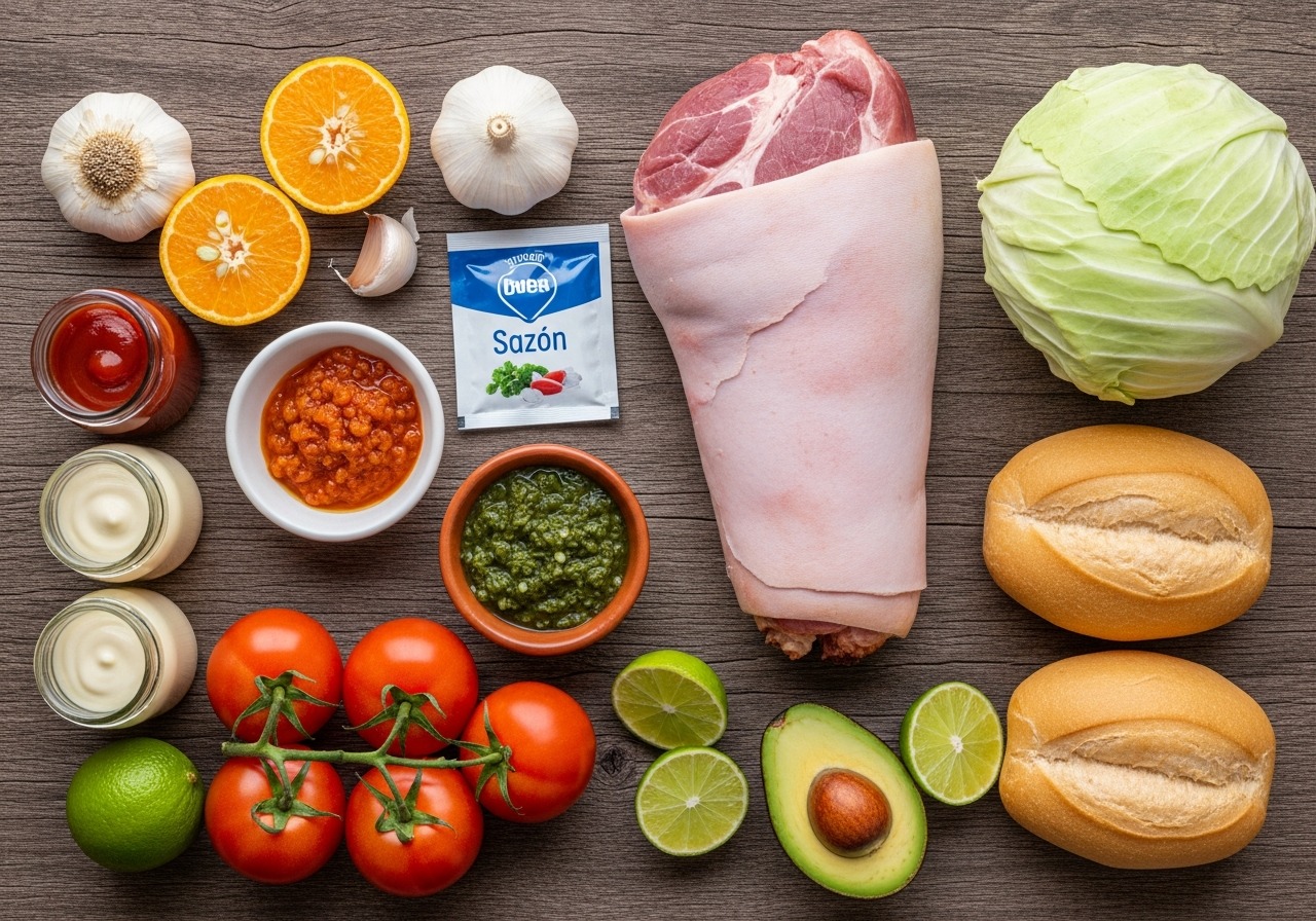 Ingredients for sandwich de pierna dominicano laid out on a wooden surface