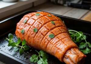 Pork leg rubbed with orange-red Dominican marinade paste resting in a roasting pan