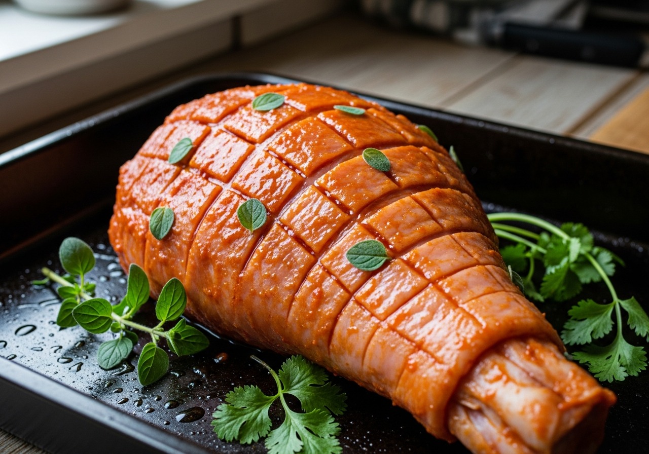 Pork leg rubbed with orange-red Dominican marinade paste resting in a roasting pan