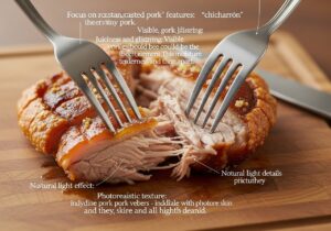 Two forks pulling roasted Dominican pork apart showing the juicy tender interior