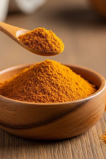 Homemade sazón dominicano in a small wooden bowl with a spoon — golden-orange Dominican seasoning blend