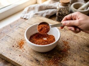 Spices being measured into a mixing bowl for sazón blend