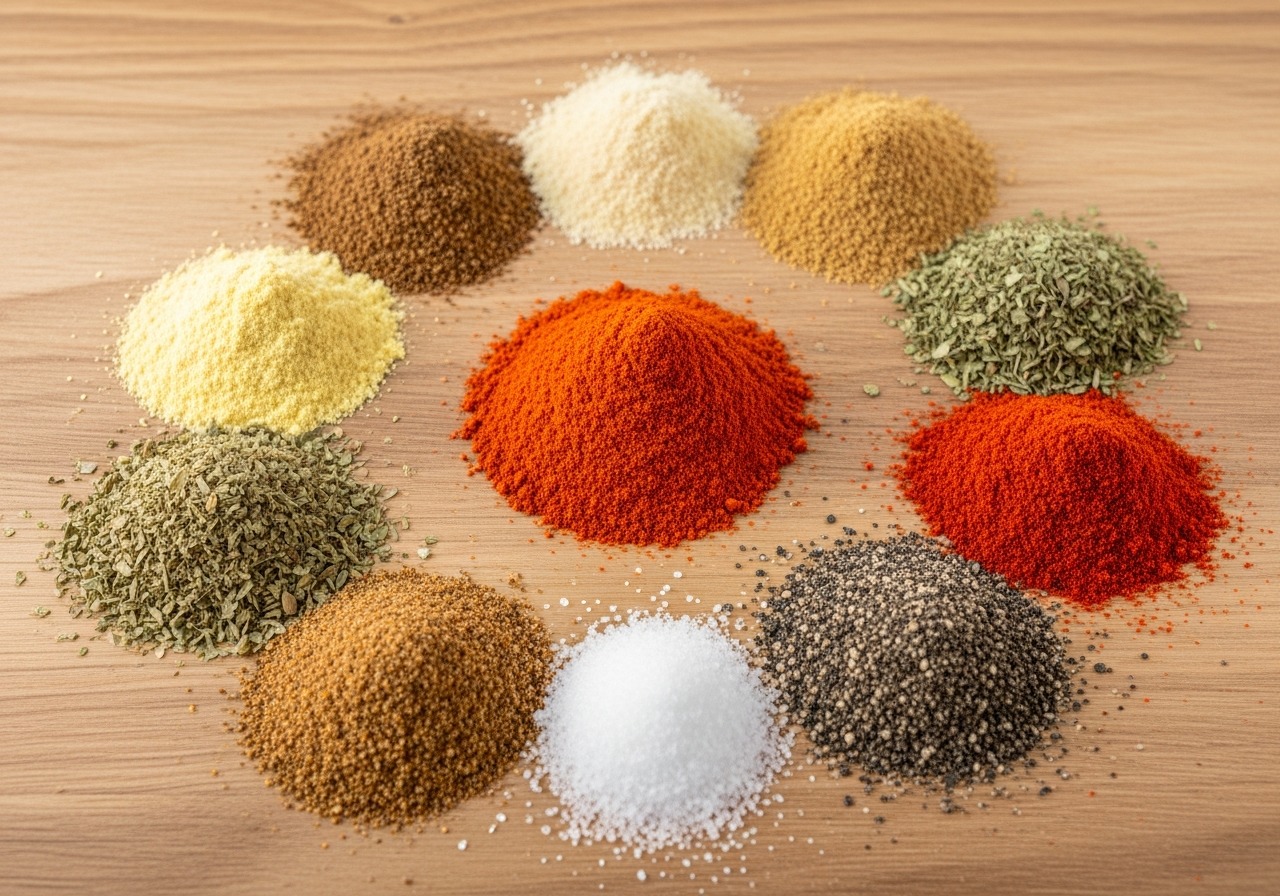 Individual spices for sazón dominicano — annatto, cumin, garlic powder, oregano, paprika, coriander