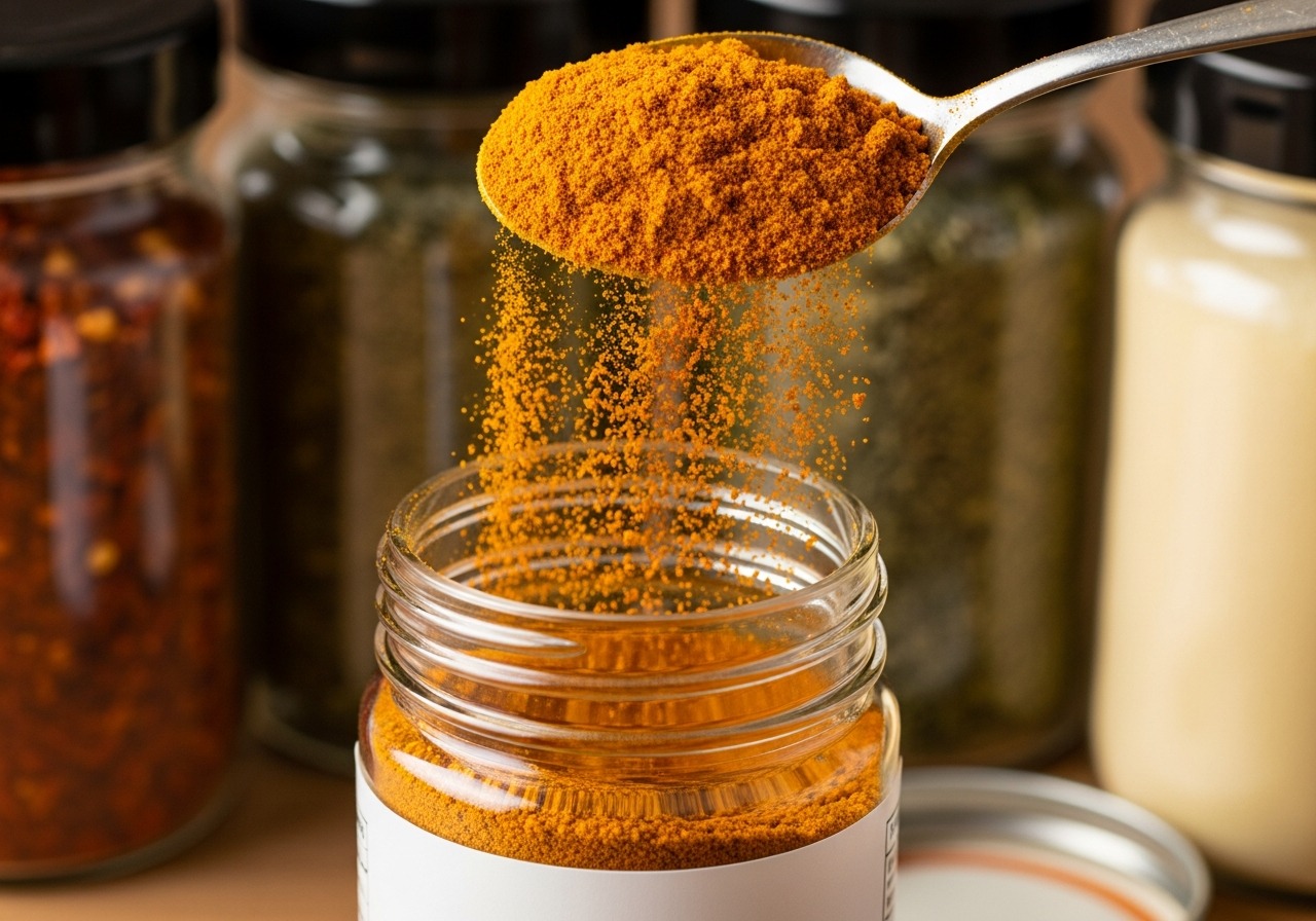 Finished sazón dominicano being poured into a glass jar for storage