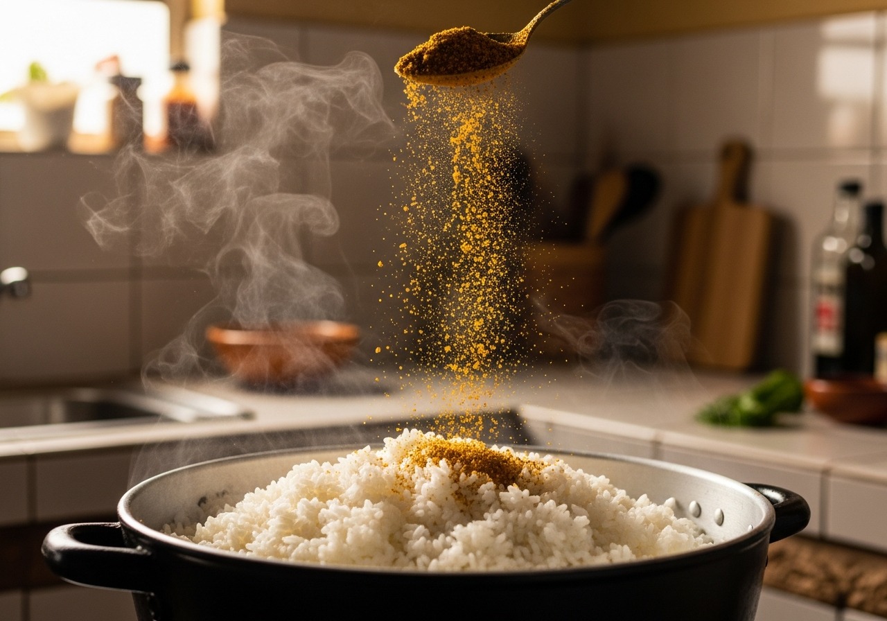 Sazón being sprinkled onto a pot of Dominican rice in the kitchen