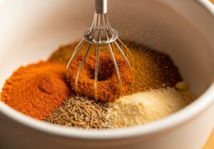 Sazón spices being whisked together in a bowl turning uniform orange-red