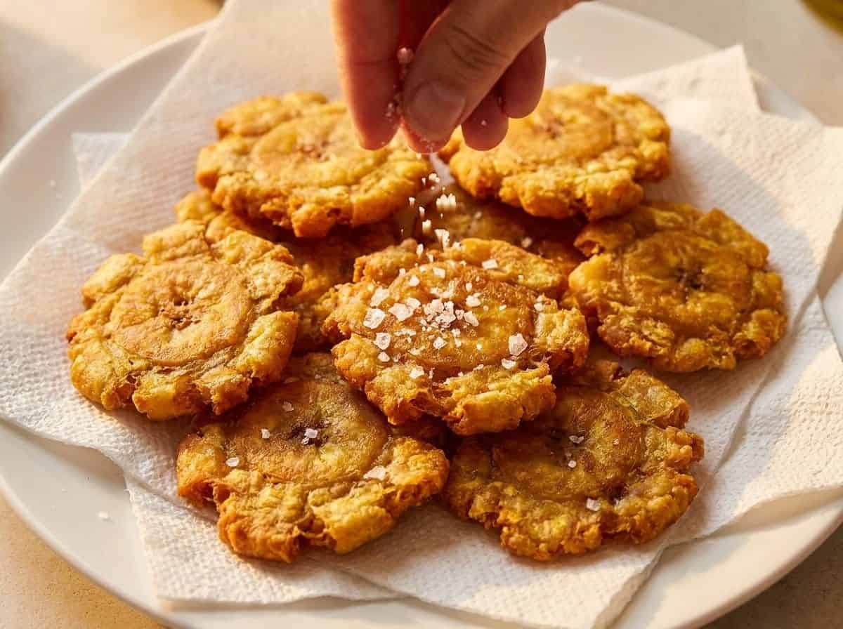 Golden crispy Dominican tostones draining on paper towel as flaky sea salt is sprinkled from above