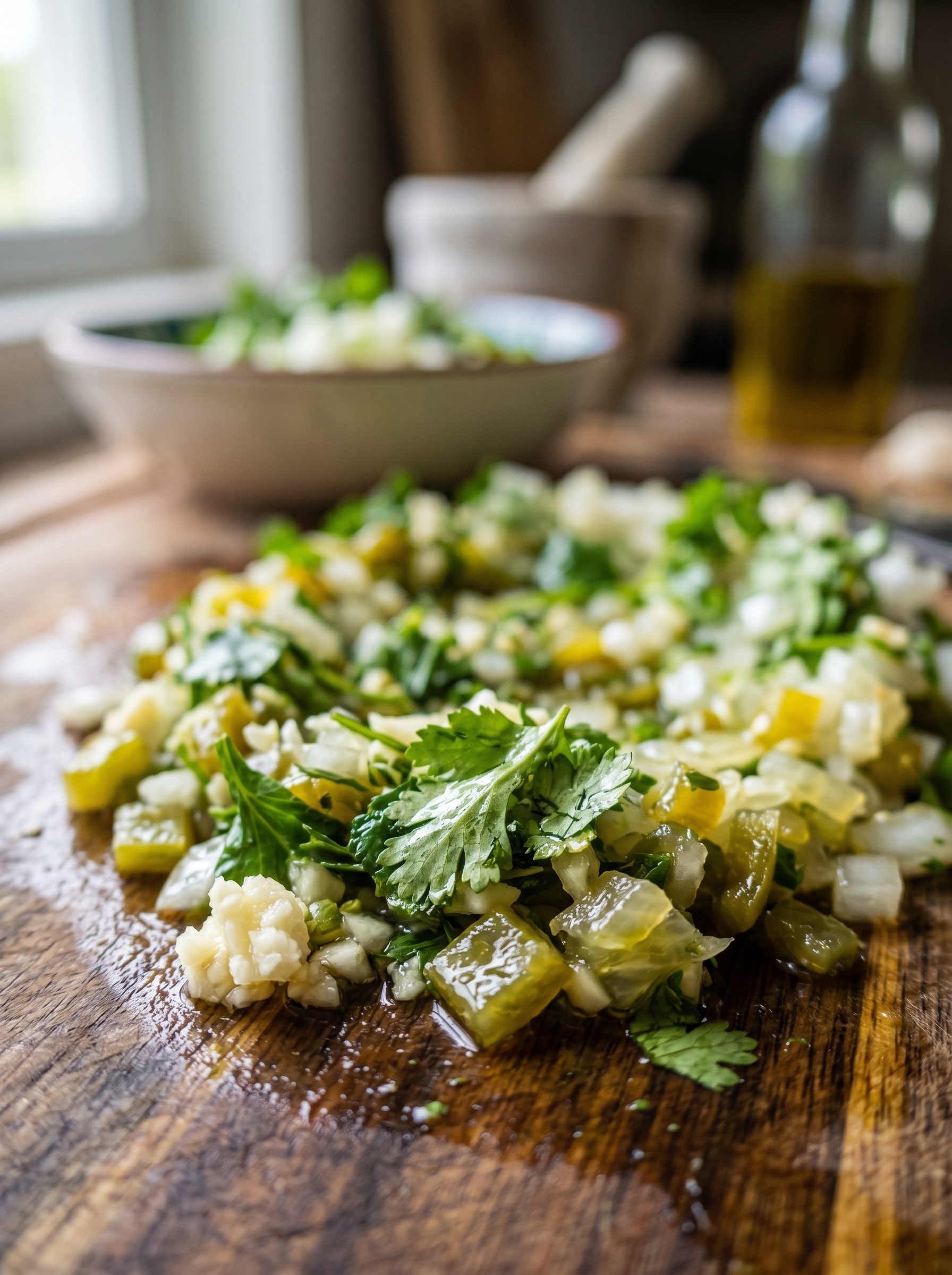 Sofrito dominicano close up showing cubanela peppers recao and garlic