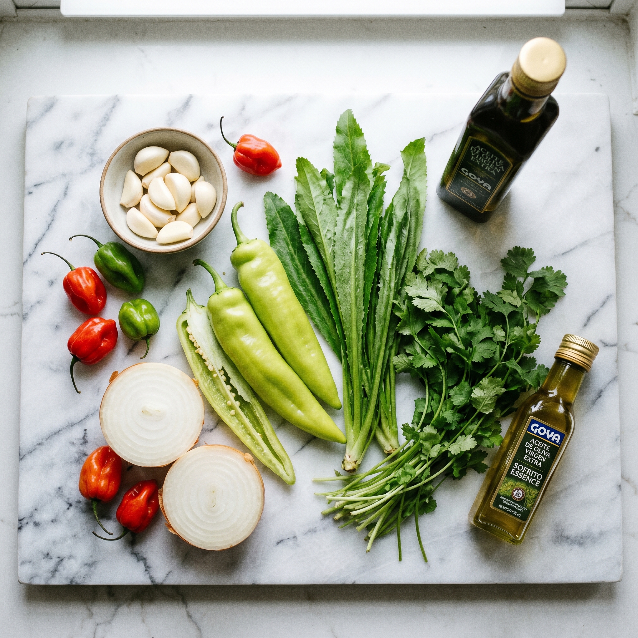 Sofrito dominicano ingredients flat lay cubanela recao cilantro garlic onion