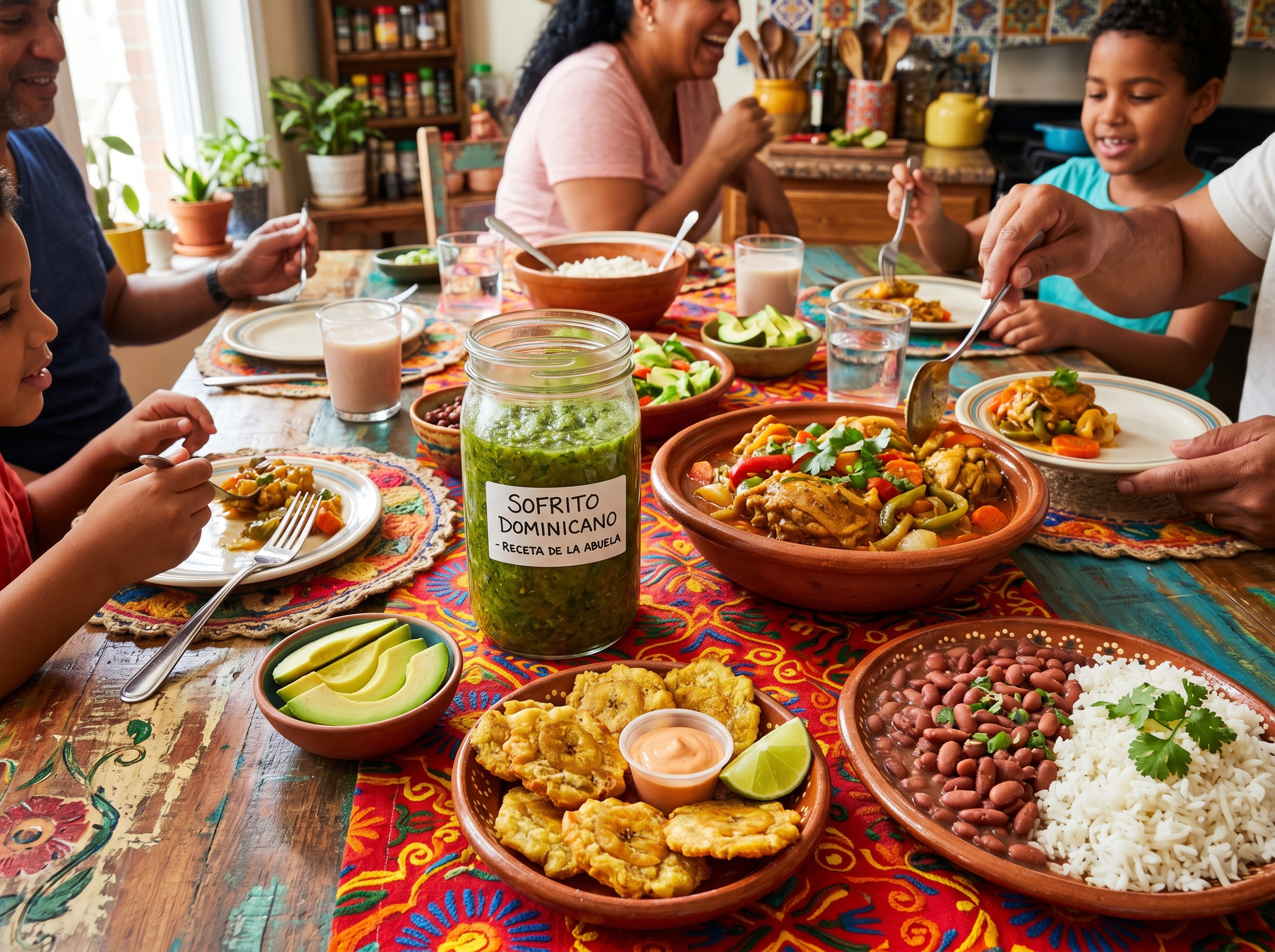 Sofrito dominicano jar surrounded by finished Dominican dishes pollo guisado rice beans tostones
