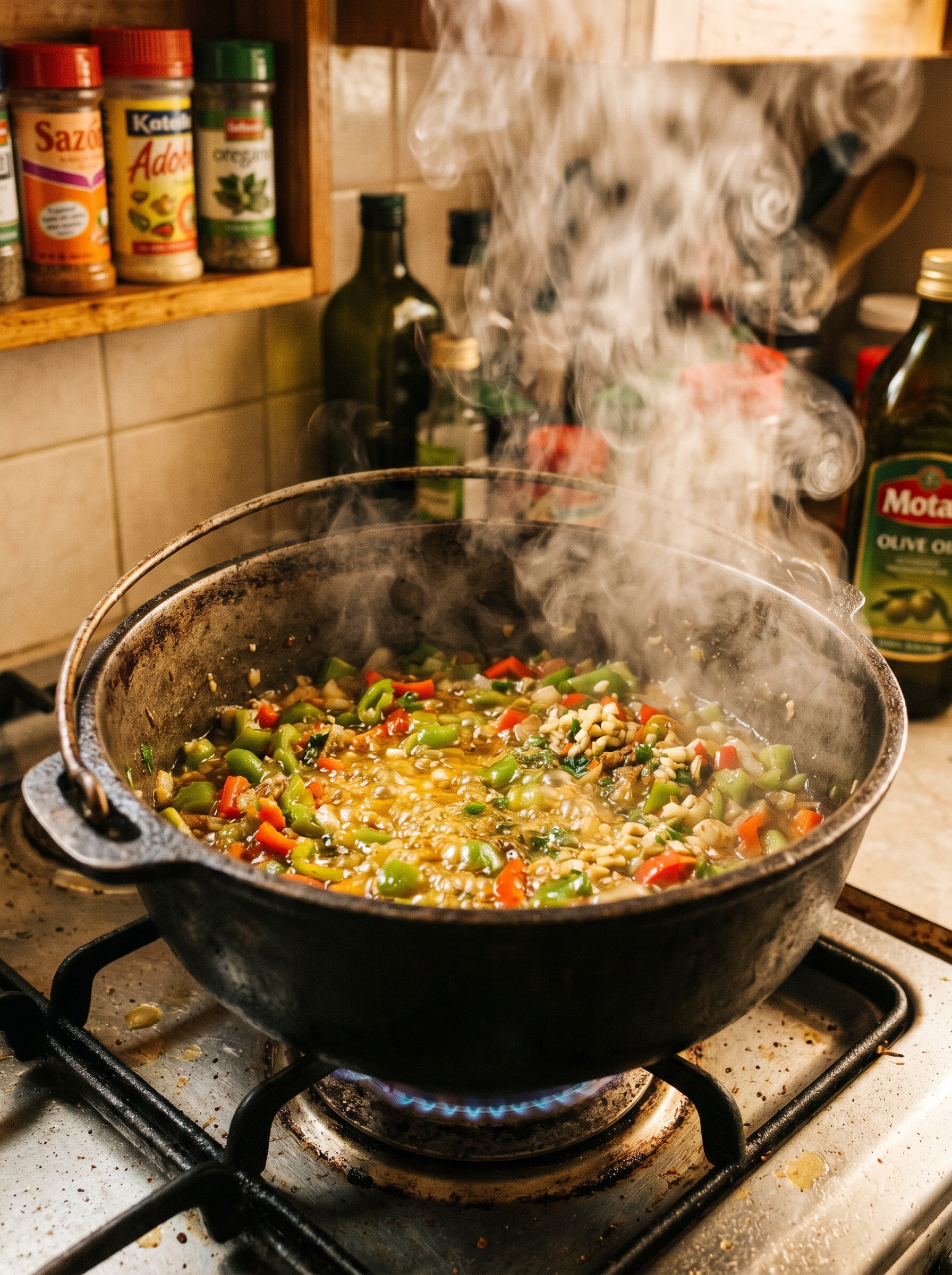 Sofrito dominicano sizzling in hot oil in a caldero