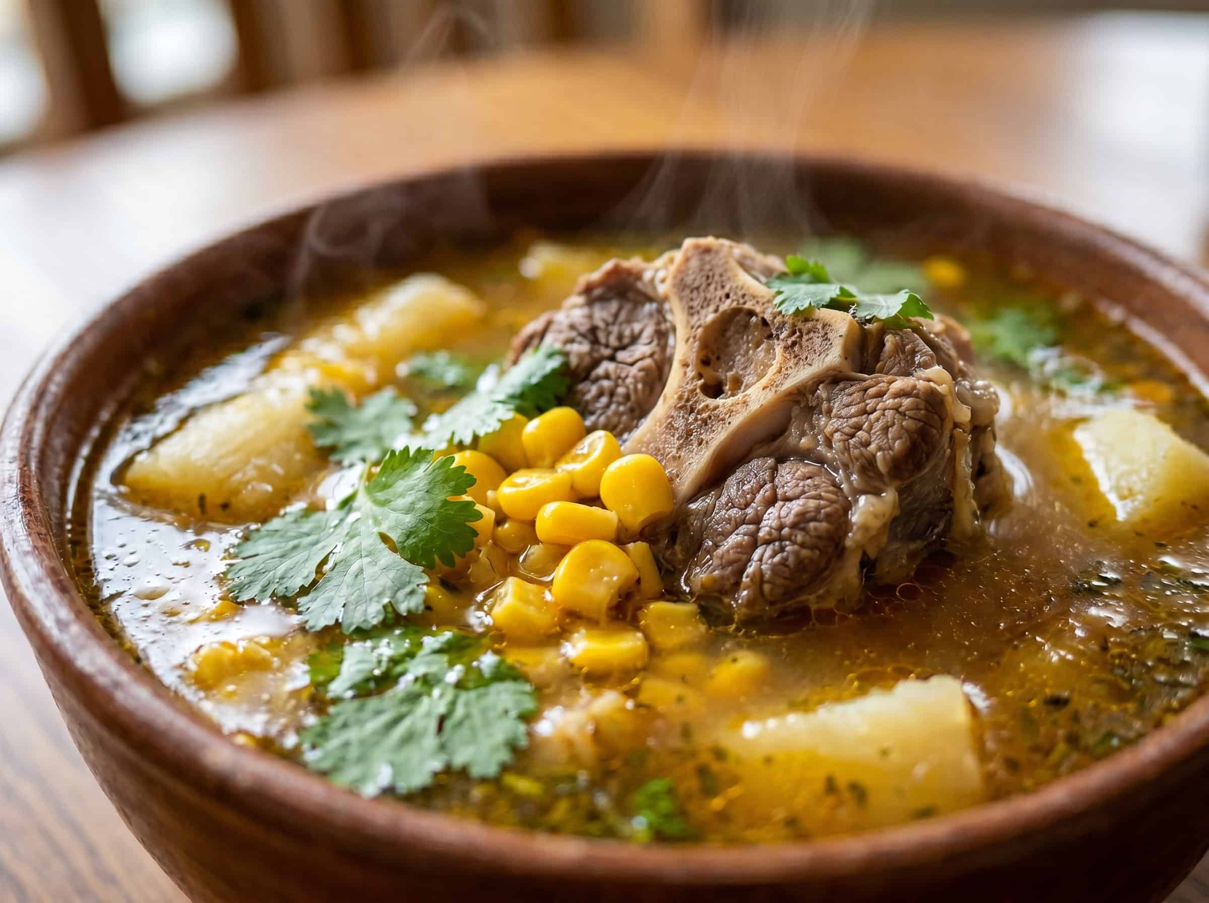 Close-up of bone-in Dominican beef soup with steam rising, tender beef and cilantro
