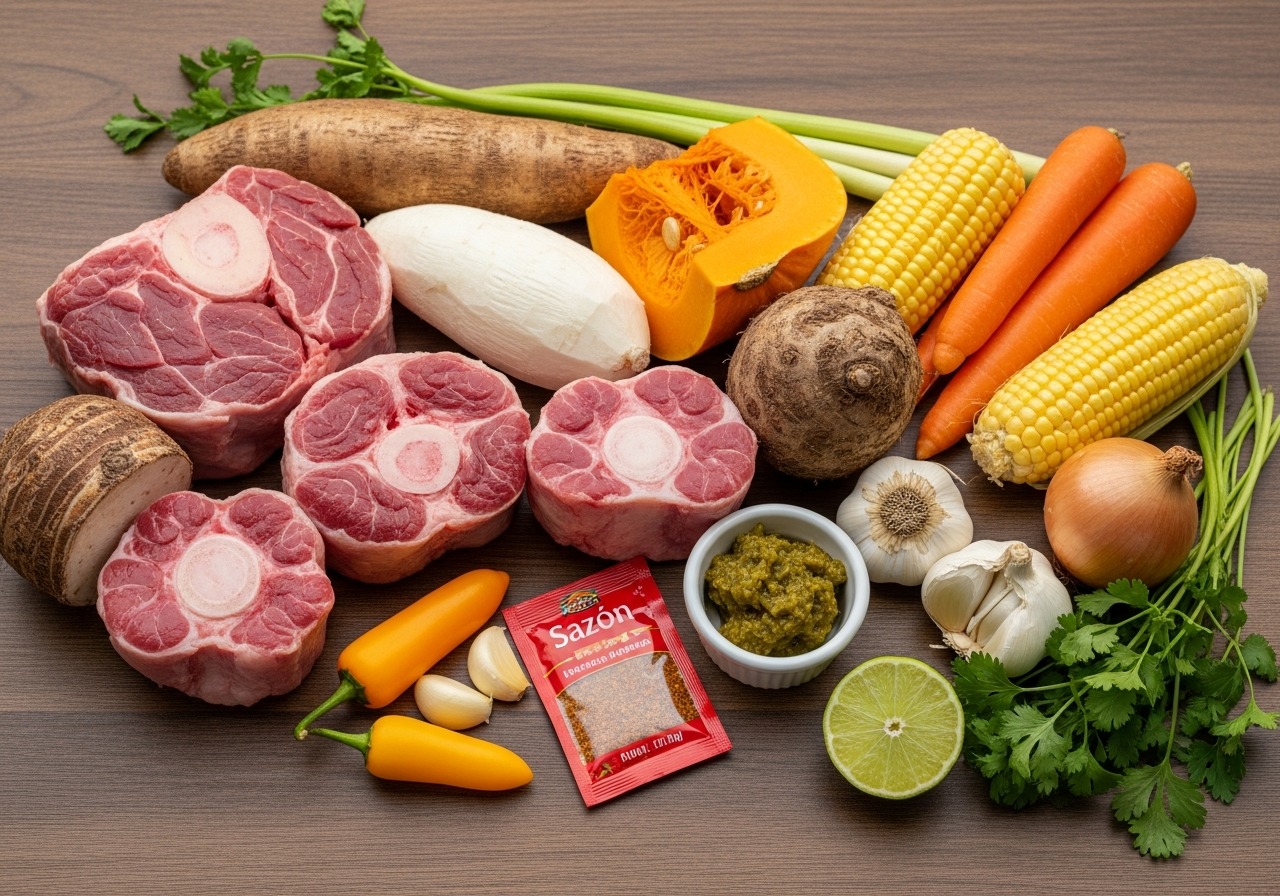 Raw ingredients for Dominican beef soup — bone-in beef, yuca, auyama, yautía, corn, carrot, sofrito, sazón