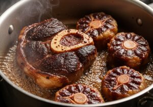 Bone-in beef searing in a stockpot with deep brown crust forming