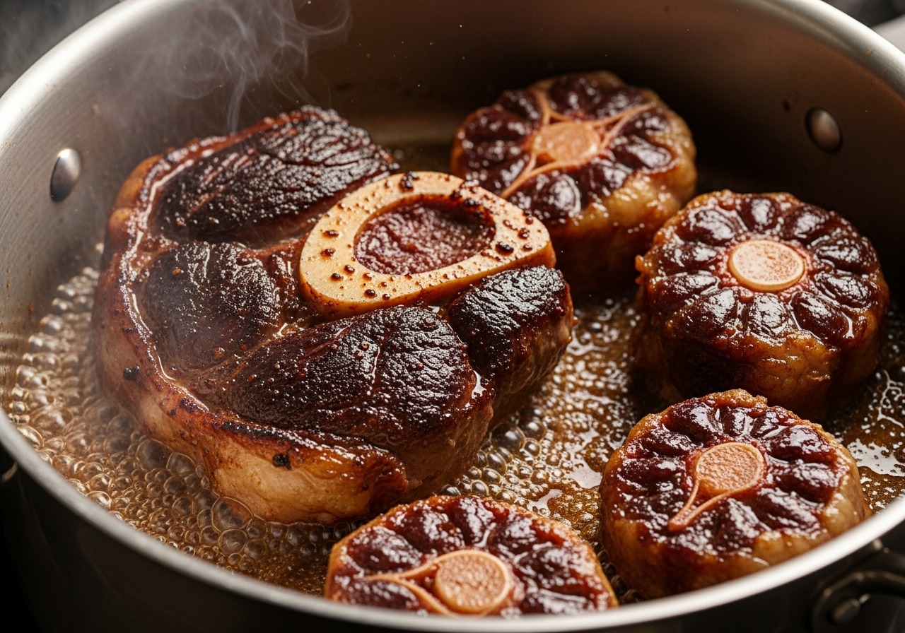 Bone-in beef searing in a stockpot with deep brown crust forming
