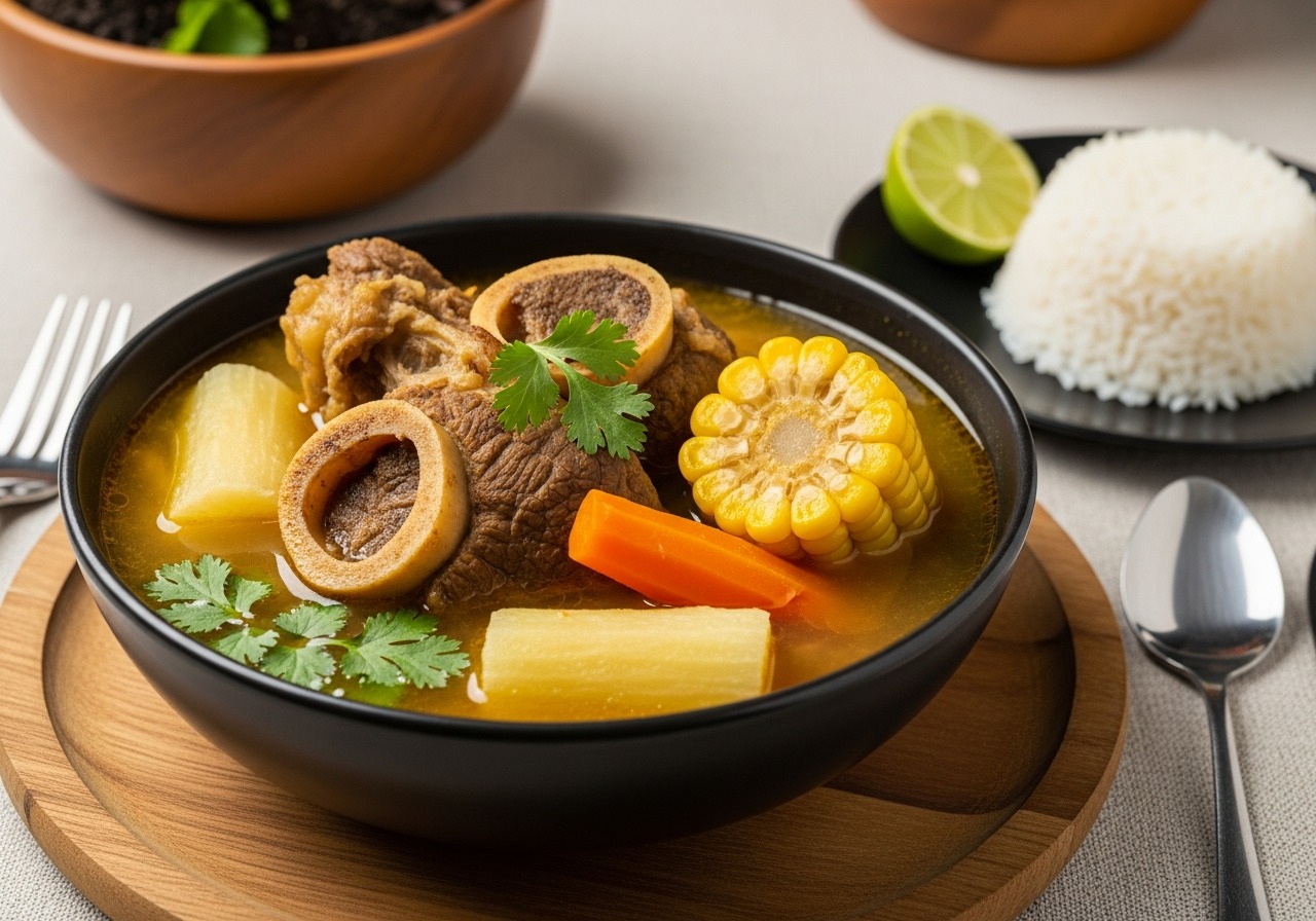 Bowl of Dominican sopa de res served with rice and lime on a home table