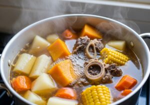Sopa de res simmering with yuca, auyama, corn and carrots in golden broth