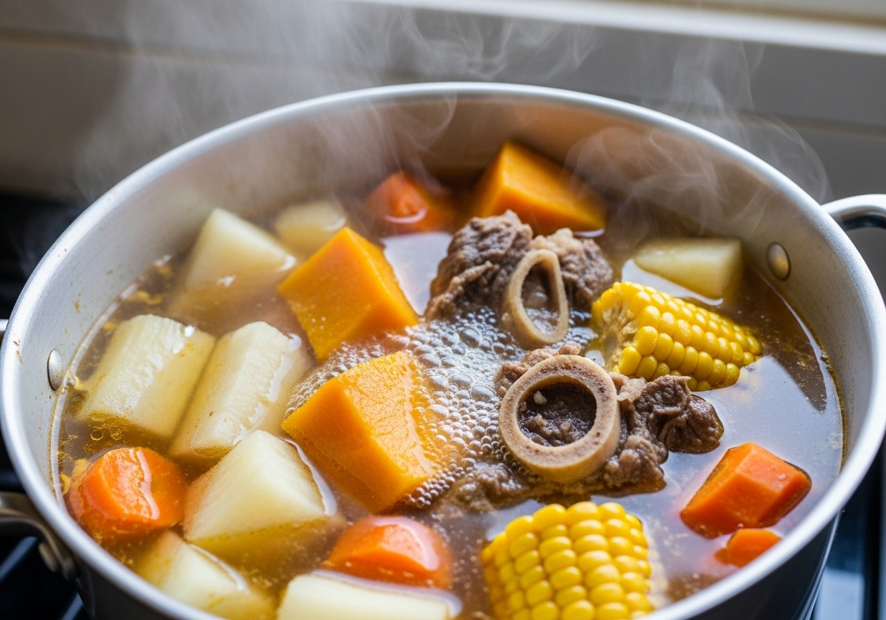 Sopa de res simmering with yuca, auyama, corn and carrots in golden broth