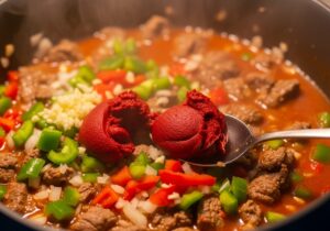 Sofrito with onions, cubanelle and garlic cooking with beef and tomato paste