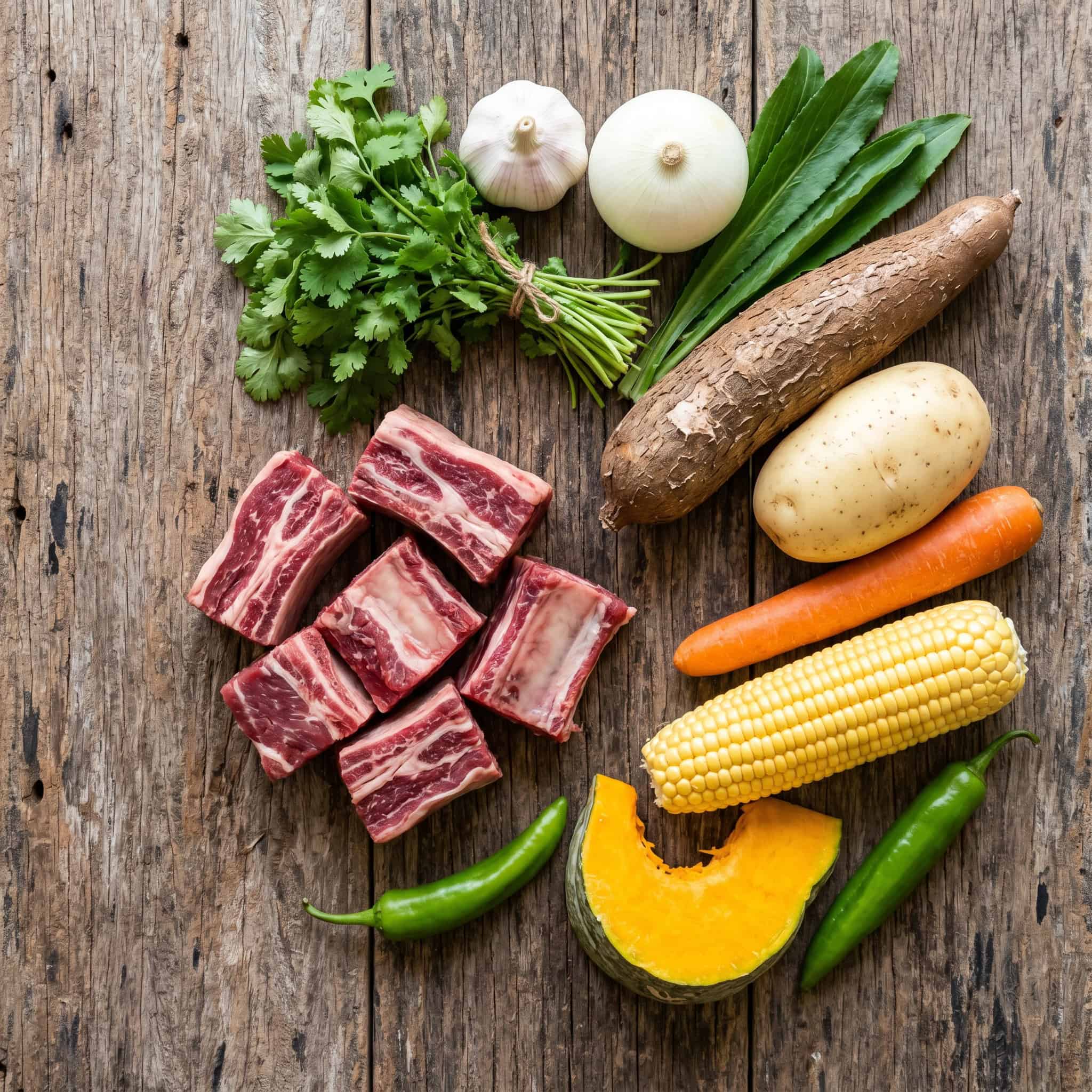 Flat-lay of raw ingredients for sopa de res — bone-in beef, yuca, auyama, corn, carrot, cilantro, garlic, onion, ají cubanela