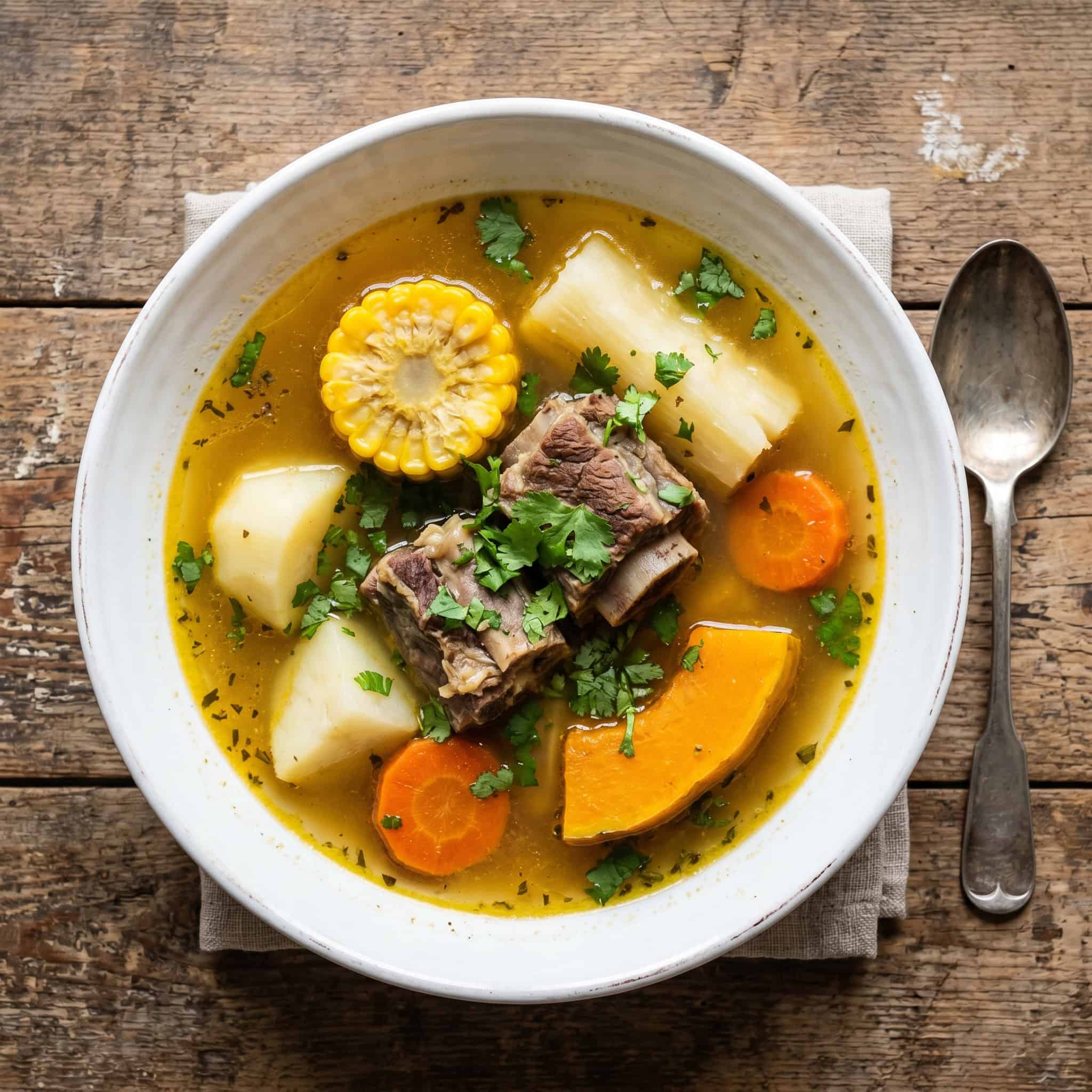 Overhead shot of sopa de res dominicana in a white ceramic bowl on a rustic wooden table
