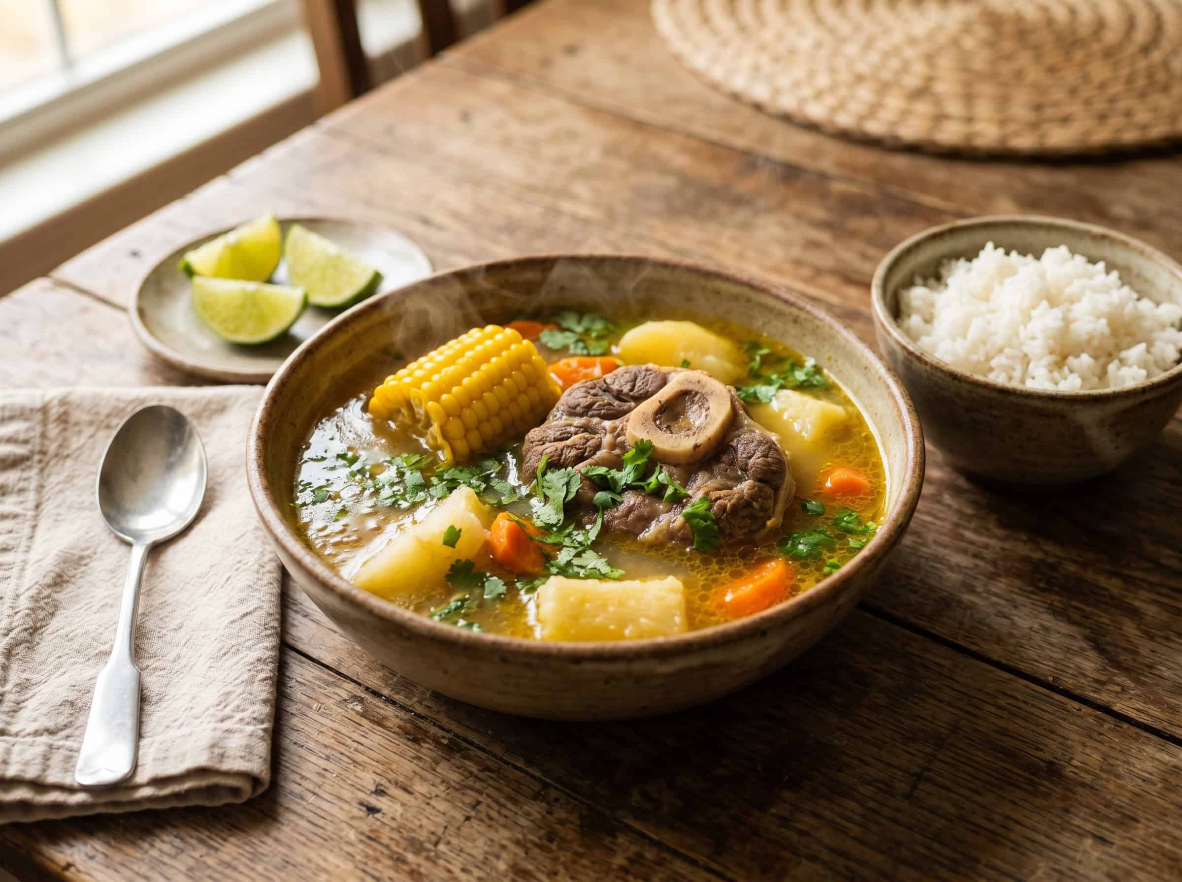 Sopa de res served with white rice and lime wedges on a Dominican home table