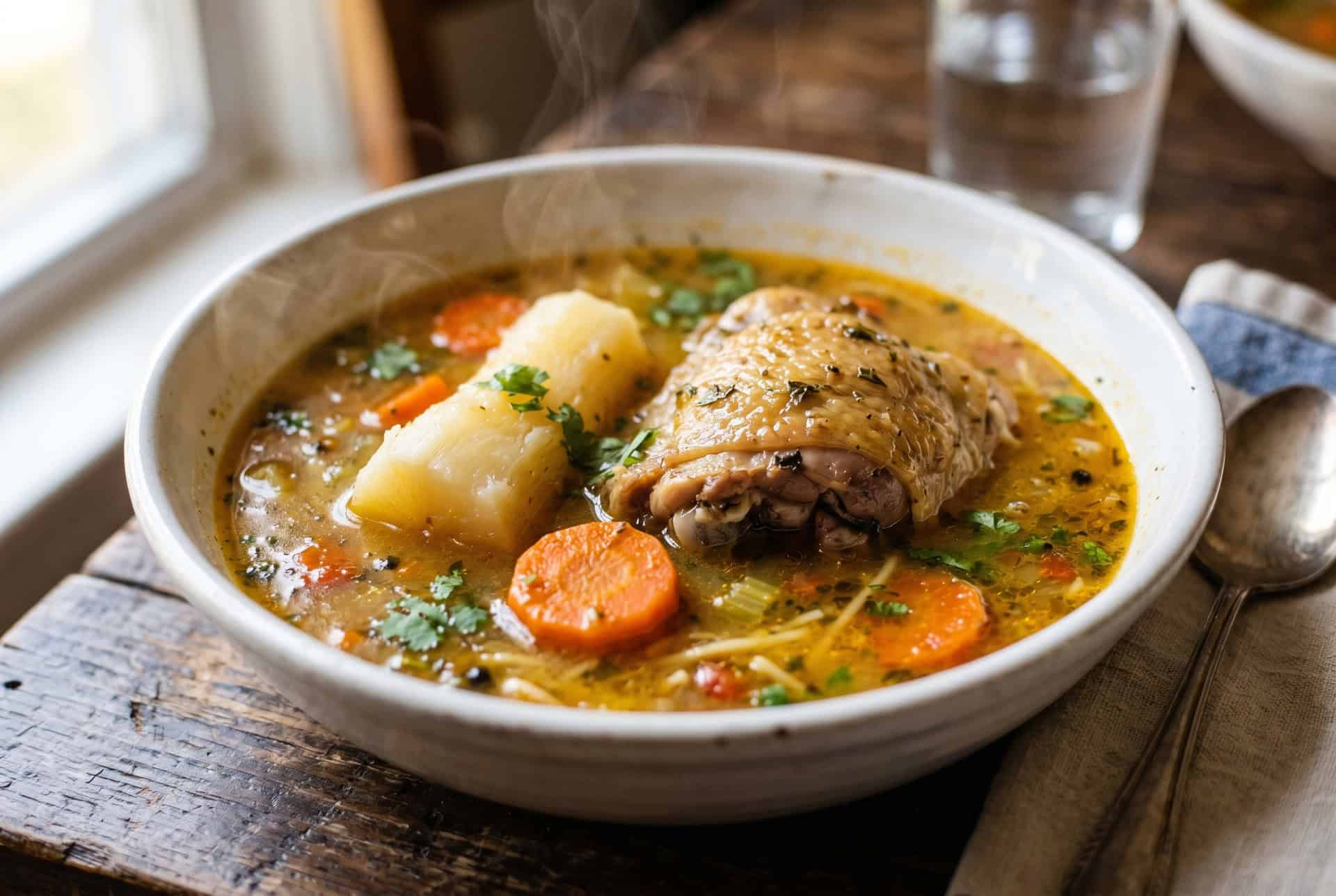 Close-up of Dominican chicken soup broth with bone-in chicken and yuca