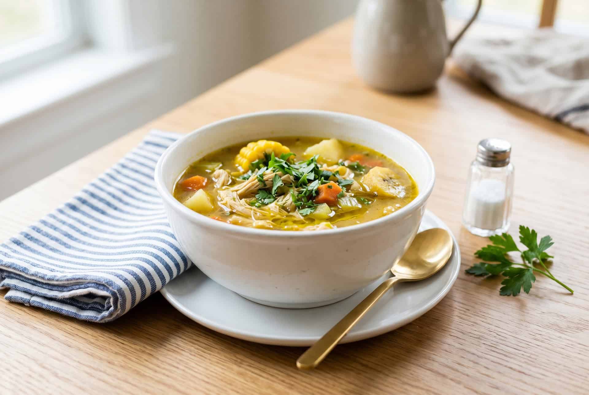 Dominican sopa de pollo served in white bowl with gold spoon and napkin