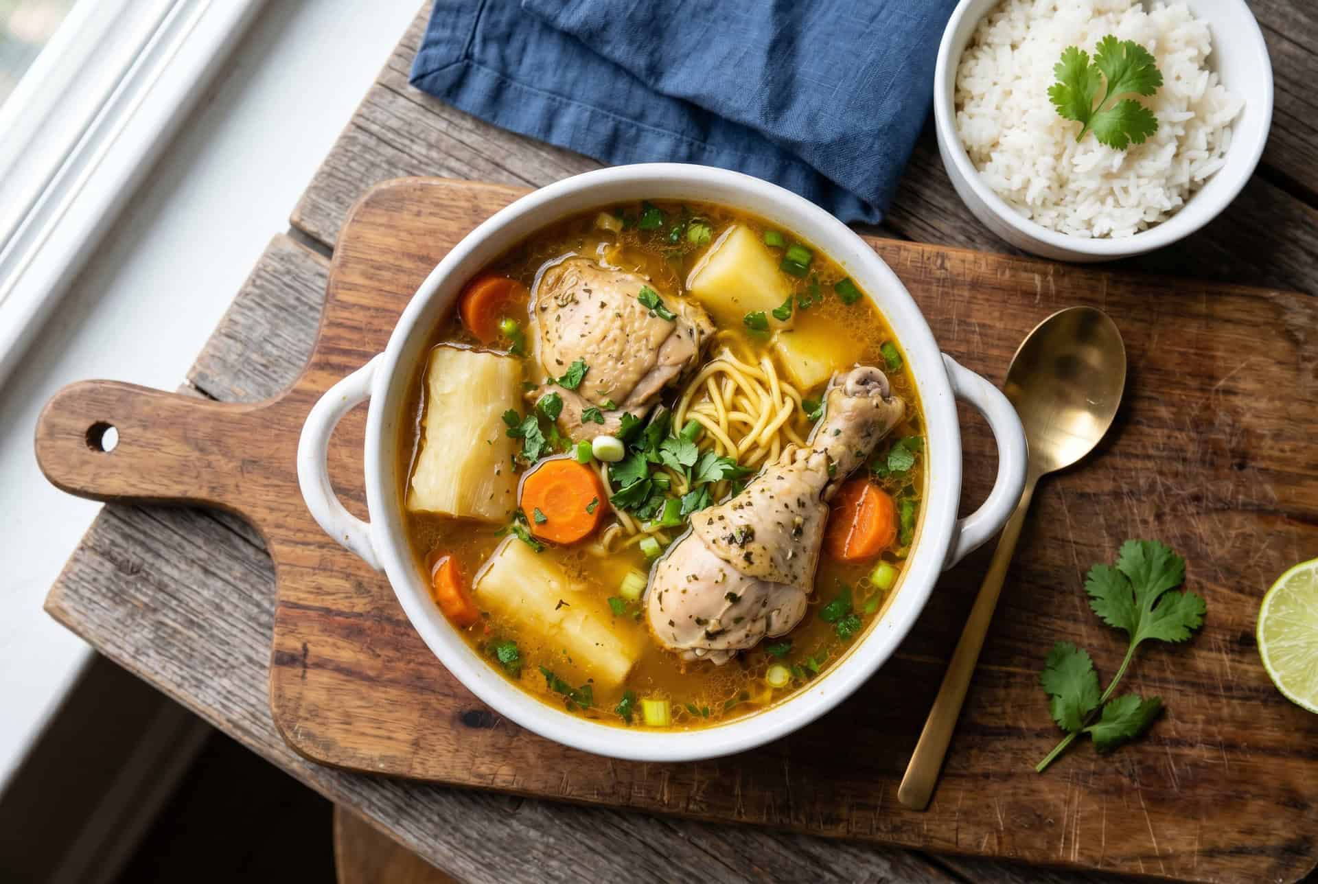 Top-down view of Dominican sopa de pollo with rice on the side