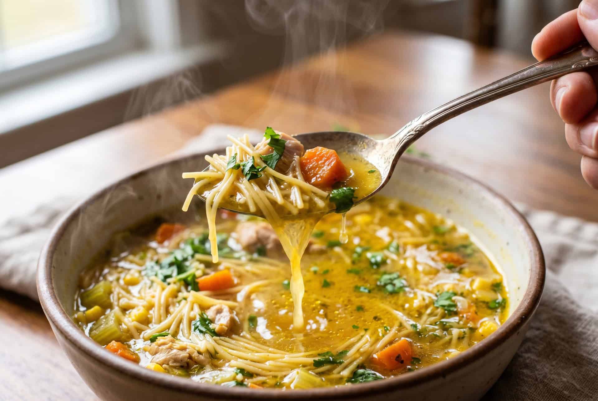 Spoon lifting Dominican sopa de pollo broth with noodles and vegetables